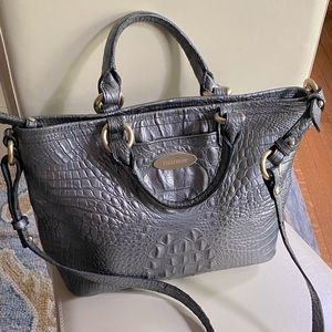 Brahmin zip medium satchel in metallic silver/medium grey. Gold hardware.